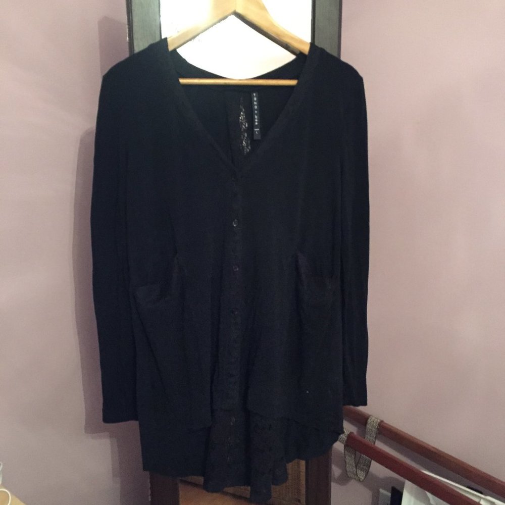 tana + bee Front Button Sweater with Lace Inset on Back